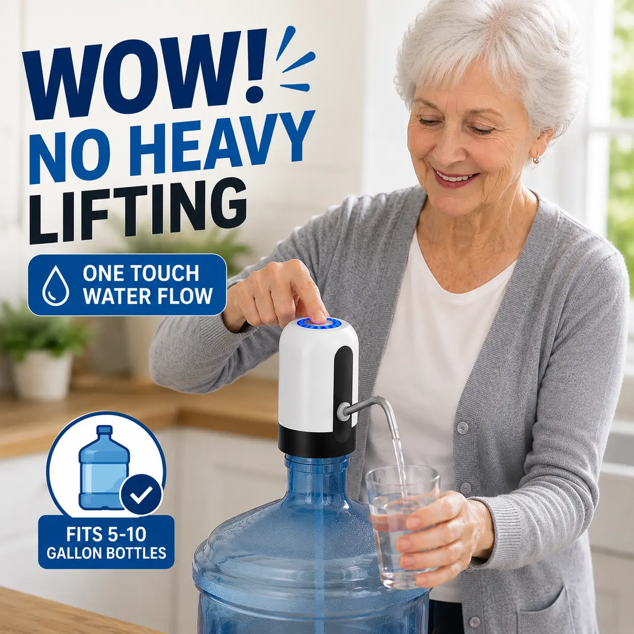 Rechargeable 1-Touch USB Water Pump for 5-gal Plastic Water Bottles, Compact Lightweight Portable Kitchen Utensil Dispenser for Home, Dorm Use by Adults