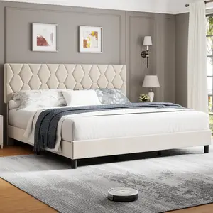 【Christmas Gift】Beige Queen Bed Frame with Upholstered Headboard Heavy-Duty Platform Bed Frame with Strong Wood Slats No Box Spring Needed/Noise Free/Easy Assembly