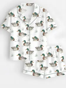 Watercolor Mallard Duck Duck Hunting Satin Pajama Set, Fun & Stylish Mallard Duck Sleepwear, Unique PJs with Design, Pajama Gift For Her