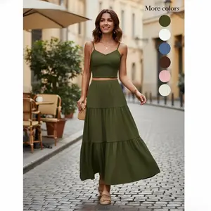 Women's Solid Woven Crop Cami Top & Pleated A-Line Skirt Two-piece Set Lightweight Fabric Slim-Fitting Cut Casual Fashion Cozy Outfits for Summer Womenswear Suits - Gamis, Clothes