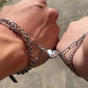 2Pcs Titanium Steel Heart Chain Bracelets for Couples - Casual Style No Plating, Non-Magnetic Fashion Hip-Hop for Daily and Party