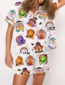 90's Nostalgic Halloween Nugs Pajama Set, Casual Comfy Short Sleeves, Loungewear Nightwear Pajamas