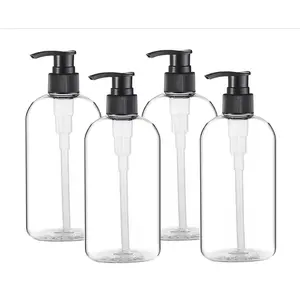 Empty Plastic Pump Bottles Dispenser 4 Pack 16oz/500ml Portable Clear BPA-Free Cylinder Shampoo Lotion Hand Pump Bottle Durable Refillable Containers