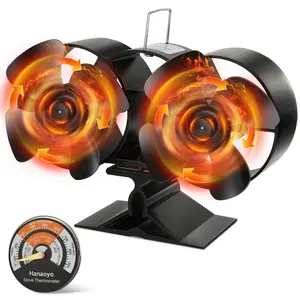 Hanaoyo Stove Fan with Dual Motors, Enhanced Heat Distribution, Quiet Operation, Eco-Friendly Wood Burning Stove Fan, Includes Thermometer, Wood Burning Fireplace