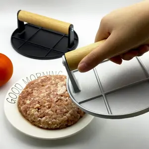Aluminum alloy manual meat pressing tool, non stick circular meat filling press with wooden handle, suitable for home kitchen barbecue