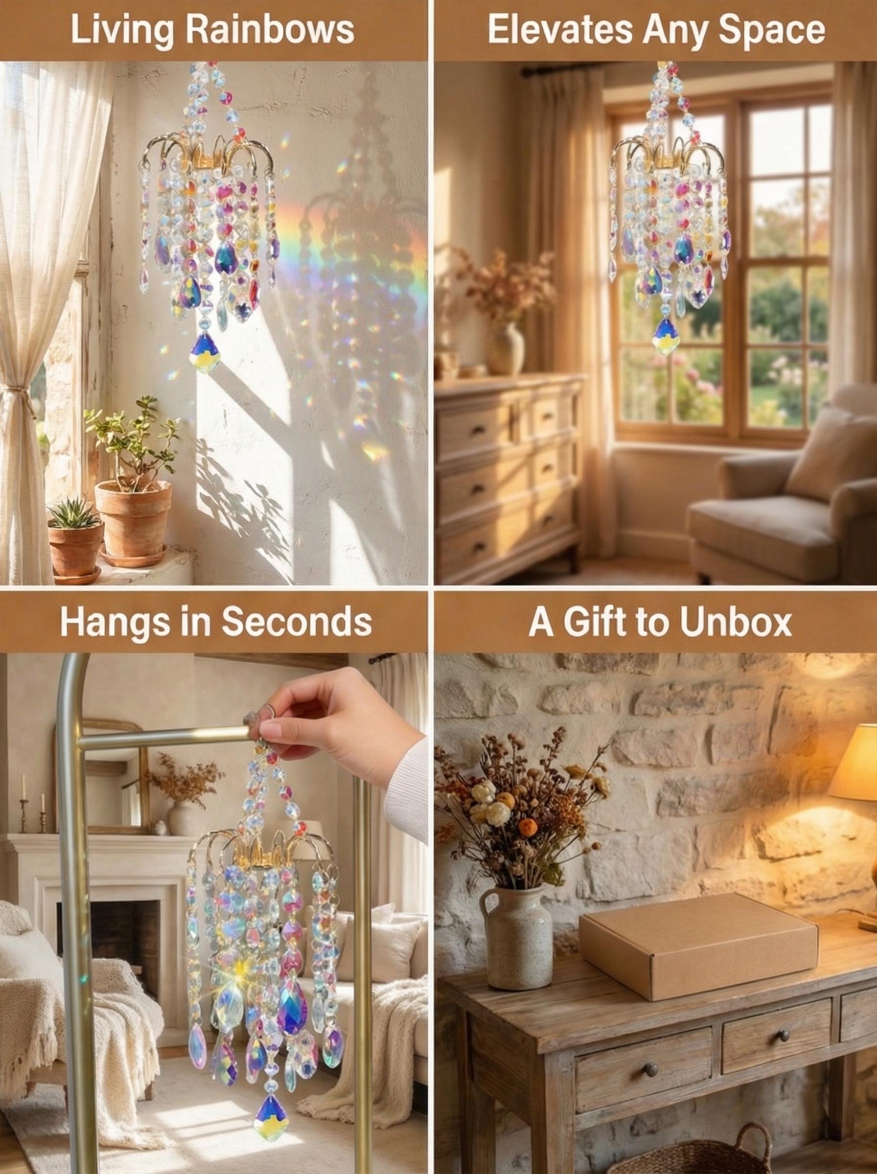 16 Inch/42cm Gold Crystal Sun Catcher | Rainbow Maker Window Decor.Creates dancing rainbows on walls. Gold metal frame with artificial crystals. great gardening , french doors ,  rain box chime unique large memorial wind chime french doors