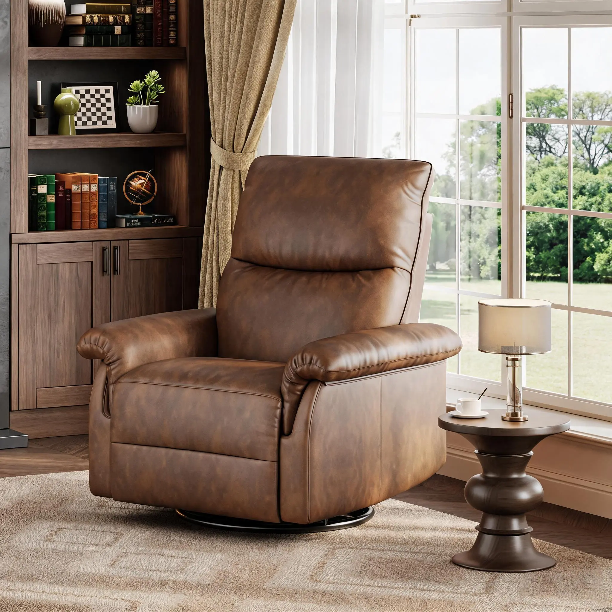 Oversized Swivel Rocker Recliner Chair for Living Room – Modern PU Leather, Deep Seat, Padded Armrests, 360° Glider Single Sofa, USB Charging Port, Power Reclining, Ideal for Bedroom & Nursery – Orange/Black