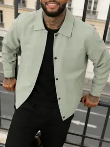 Men's collar casual jacket with button front and closure design, solid color simple business jacket, 100% polyester fiber, machine washable, easy to maintain fabric, suitable for daily life and formal wear - Spring and Autumn