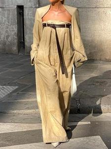 women's solid coat & jumpsuit with belt set, casual long sleeve coat & jumpsuit, ladies clothes for all seasons