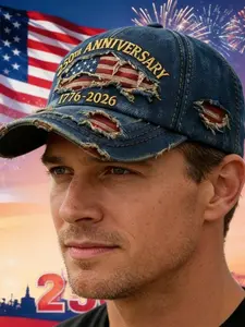 New Patriotic Theme 250th Anniversary (1776-2026) Embroidered Details Denim Hole Baseball Cap, Fitted Construction Party Style Festive Hat, All Seasons Wear