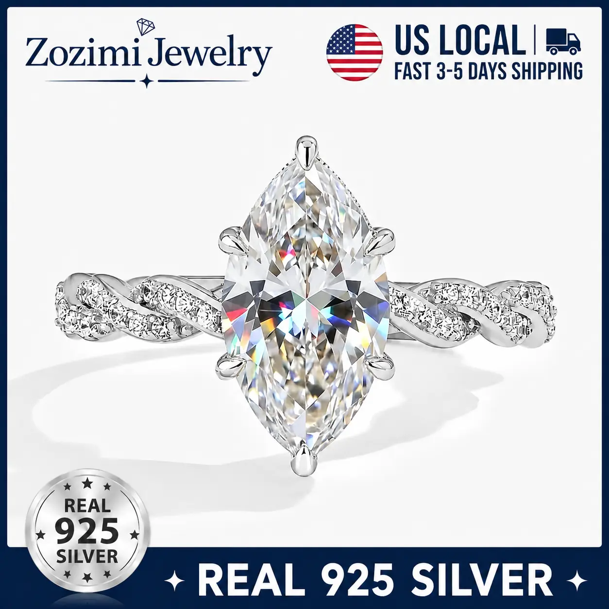 925 Sterling Silver Wedding Ring - 3CT Marquise-Cut 5A Cubic Zirconia, 8 Hearts-8 Arrows Cut, Twisted Flower Ring Arms, Ideal for Proposals or Daily Wear, Includes Exquisite Packaging, Wedding Rings