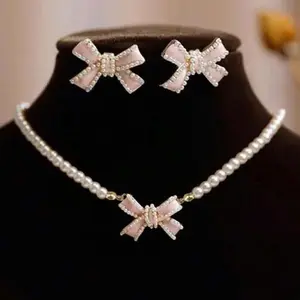 3pcs Of Exquisite Faux Pearl Bow Necklace And Earrings, Specially Designed For Women, Ideal Gift For Girlfriend On Valentine's Day ciara bracelet stack Trendy Jewelry Set Fashion Jewelry Set
