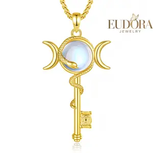 Hecate Key Necklace for Women, Triple Moon Goddess Snake Pendant with Moonstone, Gold Plated Witchcraft Amulet, Strophalos Wheel Jewelry Gifts