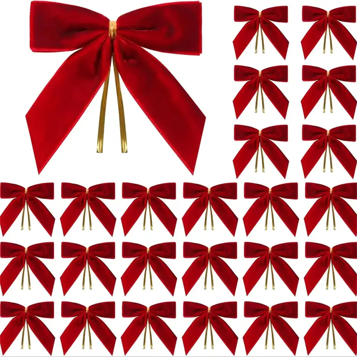 24 Pcs Polyester Red Velvet Christmas Twist Tie Bows - 1''W, 3.5x3.5 in Small Size Holiday Fairy Tale Smooth Decorations for Christmas Tree, Gift Wrapping, Festive Parties, Ornaments, 3.5 X 3.5 Inch, Durable Fabric Keeps Its Festive Look, Reusable