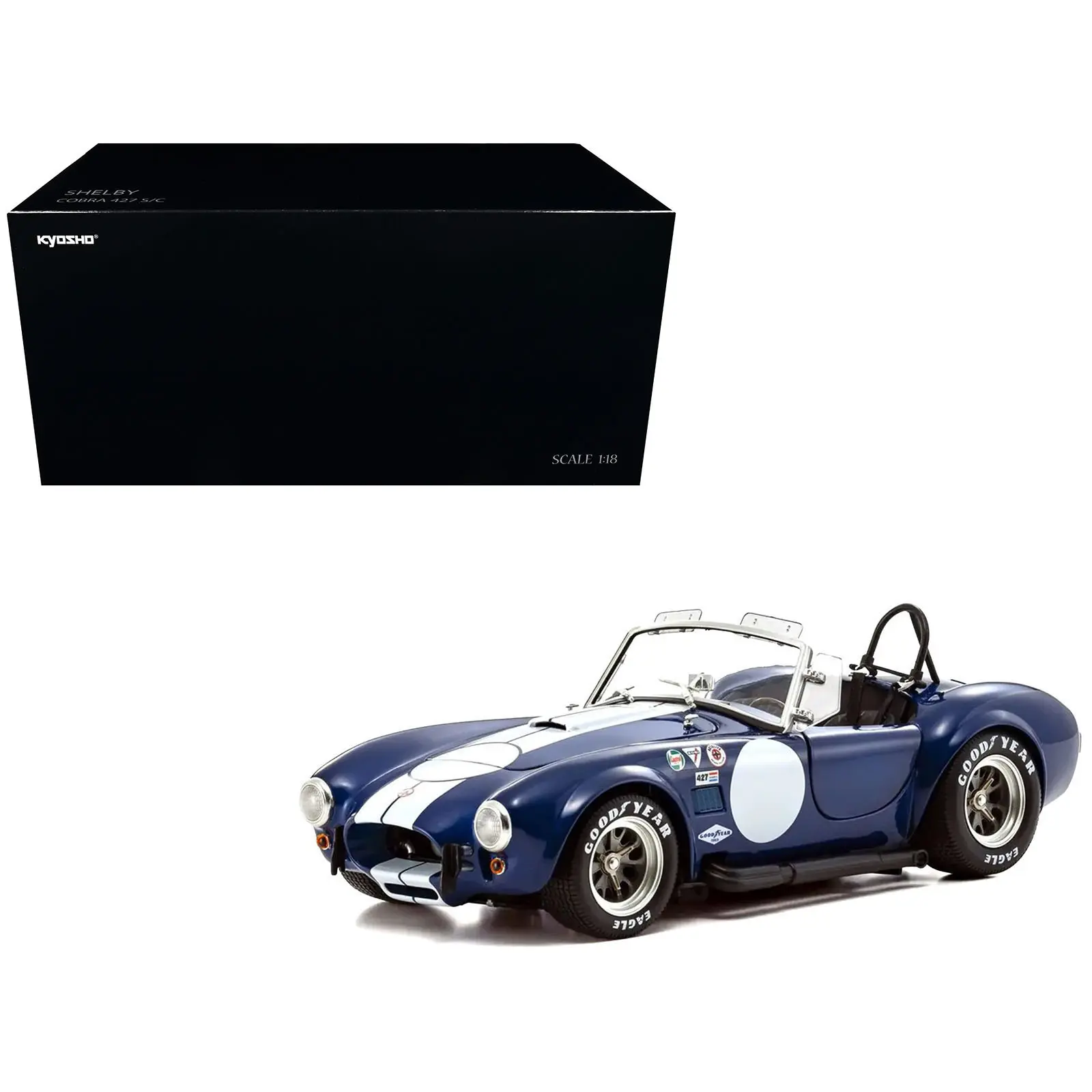 Shelby Cobra 427 S/C Blue with White Stripes and Race Graphics 1/18 Diecast Model Car by Kyosho