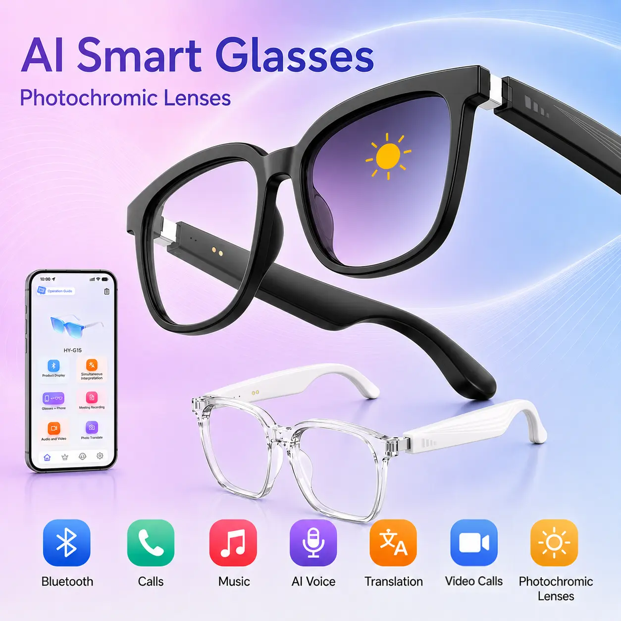 AI  Smart Glasses, 172 Languages, 166 AI Features, Chat GPT, Video Call real time Translation, Open-Ear HD Audio, Bluetooth Calls, Photochromic Lenses, Lightweight for Travel, Driving, Work, Cross-Border Chat, Gifts for Men and Women ideal outdoor, Smart,