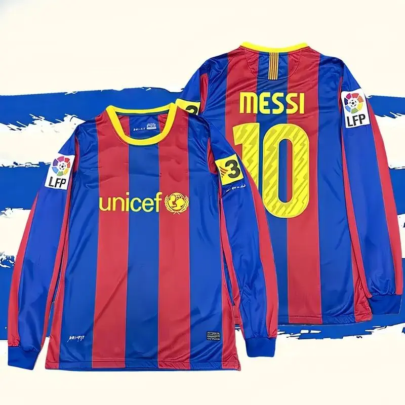10-11 Season Home Red and Blue Messi #10 Long-Sleeve Retro Jersey