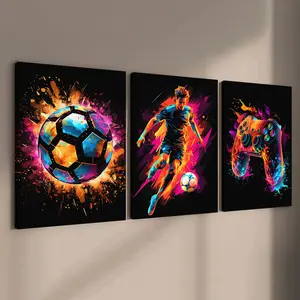 Neon Game & Football Themed Canvas Painting with Frame, 3 Counts/set Modern Art Wall Decor, Wall Art Decor for Home Living Room Bedroom Office