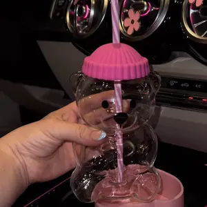 Straw-beary Bearista Glass Bear Cup with Adorable Pink Lid and Striped Straw