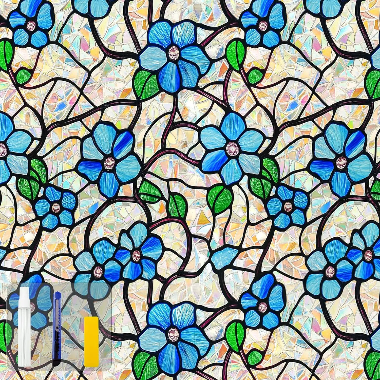 Sunshine Privacy Window Film with Installation Tool Decorative Stained Glass Window Stickers Reusable Window Film (Indigo Rainbow, 17.5 x 78.7)