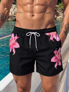 Men's Floral Print Board Shorts, Black With Pink Lily Print, Casual Elastic Waist Bottom for Beach and Vacation, Summer Swim Bottoms