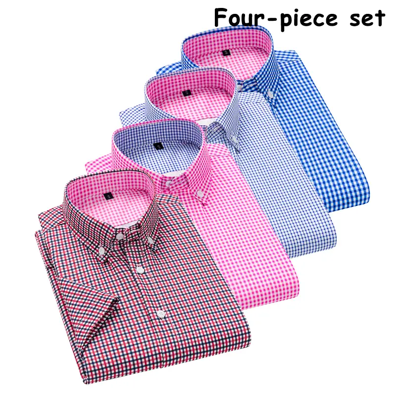 4-Pack Men’s gingham short-sleeve shirts, loose oversized casual checkered button-up set, multicolor