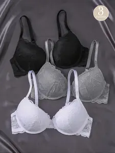 Women's Contrast Floral Lace Push Up Bra, Adjustable Strap Backless Underwire Lingerie Top, Soft Comfy Breathable Underwear for All Seasons, Basic, Multiway Bra