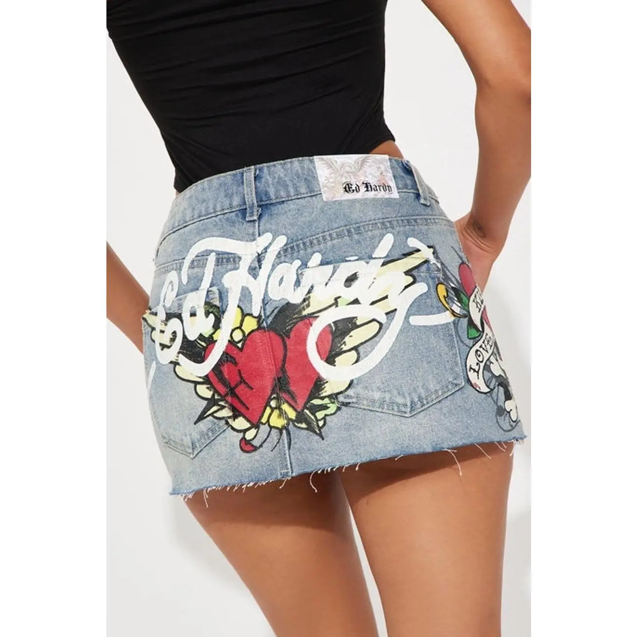 Women's Ed Hardy Skull Graphic Cotton Denim Mini Skirt - Light Wash, Zipper Closure, Stylish Garment Bottom, Denim Fabric