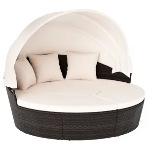 COSTWAY - Patio Round Daybed with Retractable Canopy-White COSTWAY - Patio Round Daybed with Retractable Canopy-White