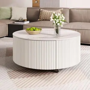 Bellemave Modern Round Coffee Table - 29.5 in Marble-Like Sintered Stone Top, 2 Drawers, Caster Base, for Living Room Home Decor