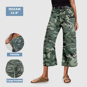 Flamingals Stretchy Camo Print Mid Waist Straight Leg Capri Pants Summer Vibes