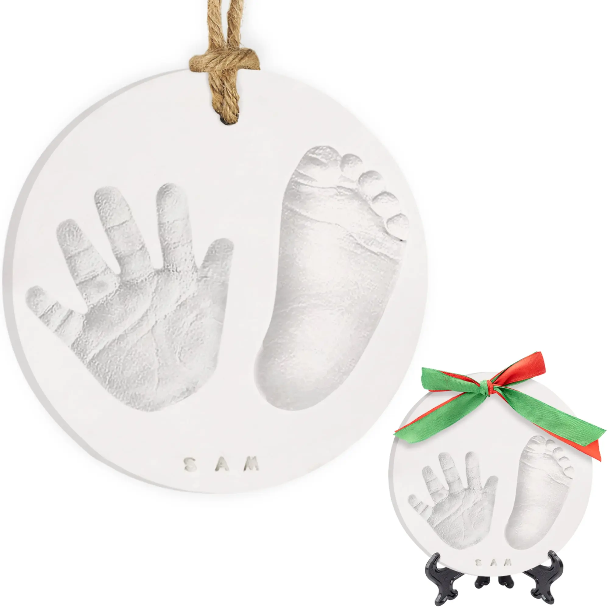 All-in-1 Baby Hand and Footprint Ornament Kit - Large 6.2" Baby Keepsake Kit - Air dry Clay, Ribbons, Stencil, Paintbrush - Newborn Baby Handprint and Foot Print Kit - Foot Printing Kit (Multi-Colored)