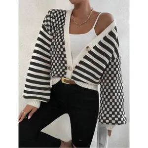 ��Plus Size�� Women's Striped Pattern Button Front Sweater Cardigan, Casual Long Sleeve Knitwear for Daily Wear, Women Plus Clothing for Fall & Winter