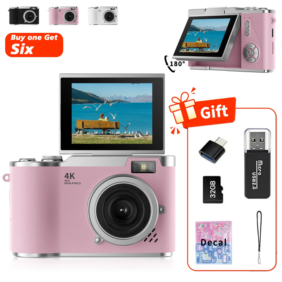 Flip-Screen CCD Style Digital Pocket Camera for Beginner Students Teenagers, Portable Selfie Compact Camera with 32G Memory Card, Card Reader, Converter Plug-in, DIY Decor Stickers and Lanyard, Perfect Gift for Back to School Season
