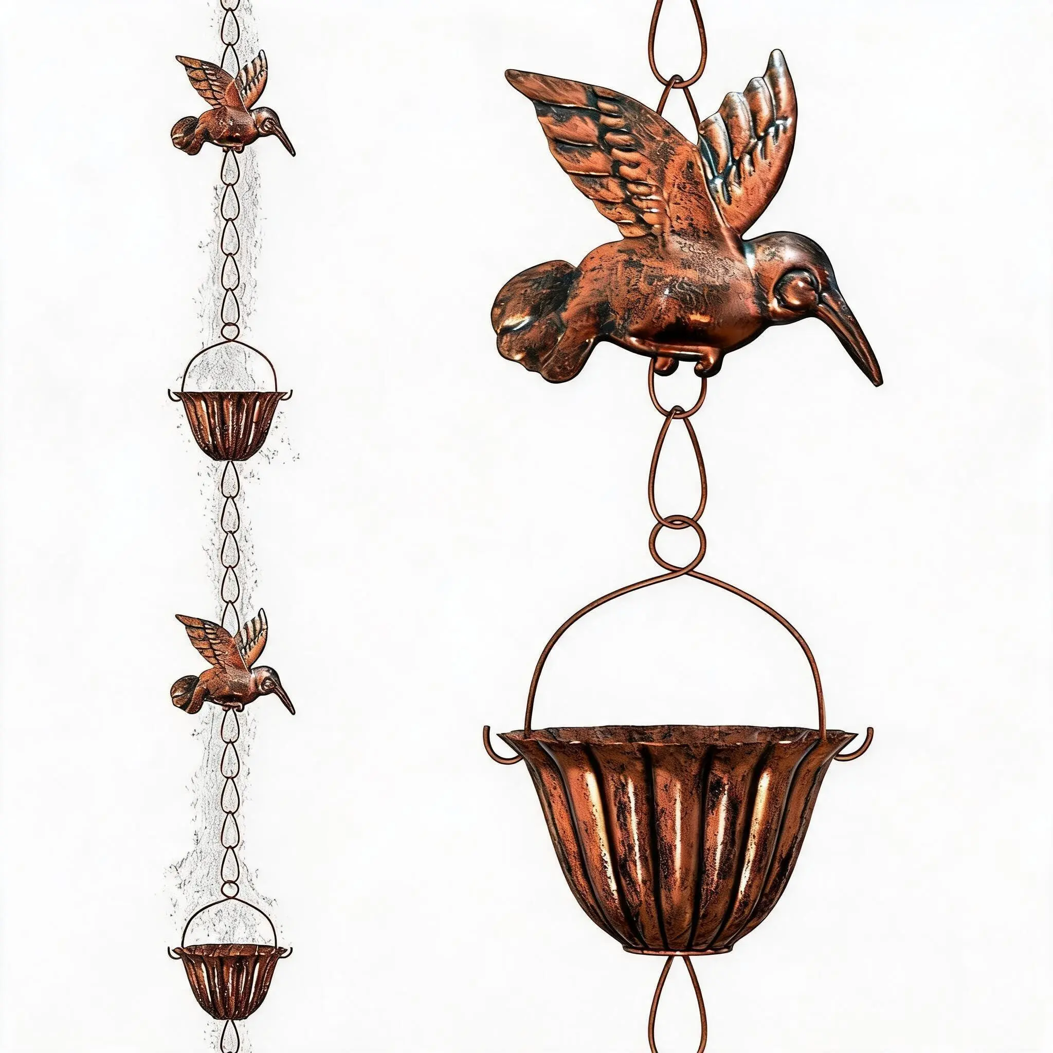 Decorative Hummingbird Rain Chain with Cups, 8.8FT | Antique Copper Finish, Rust-Resistant Metal Downspout Replacement, Soothing Outdoor Water Feature for Garden, Yard, Patio