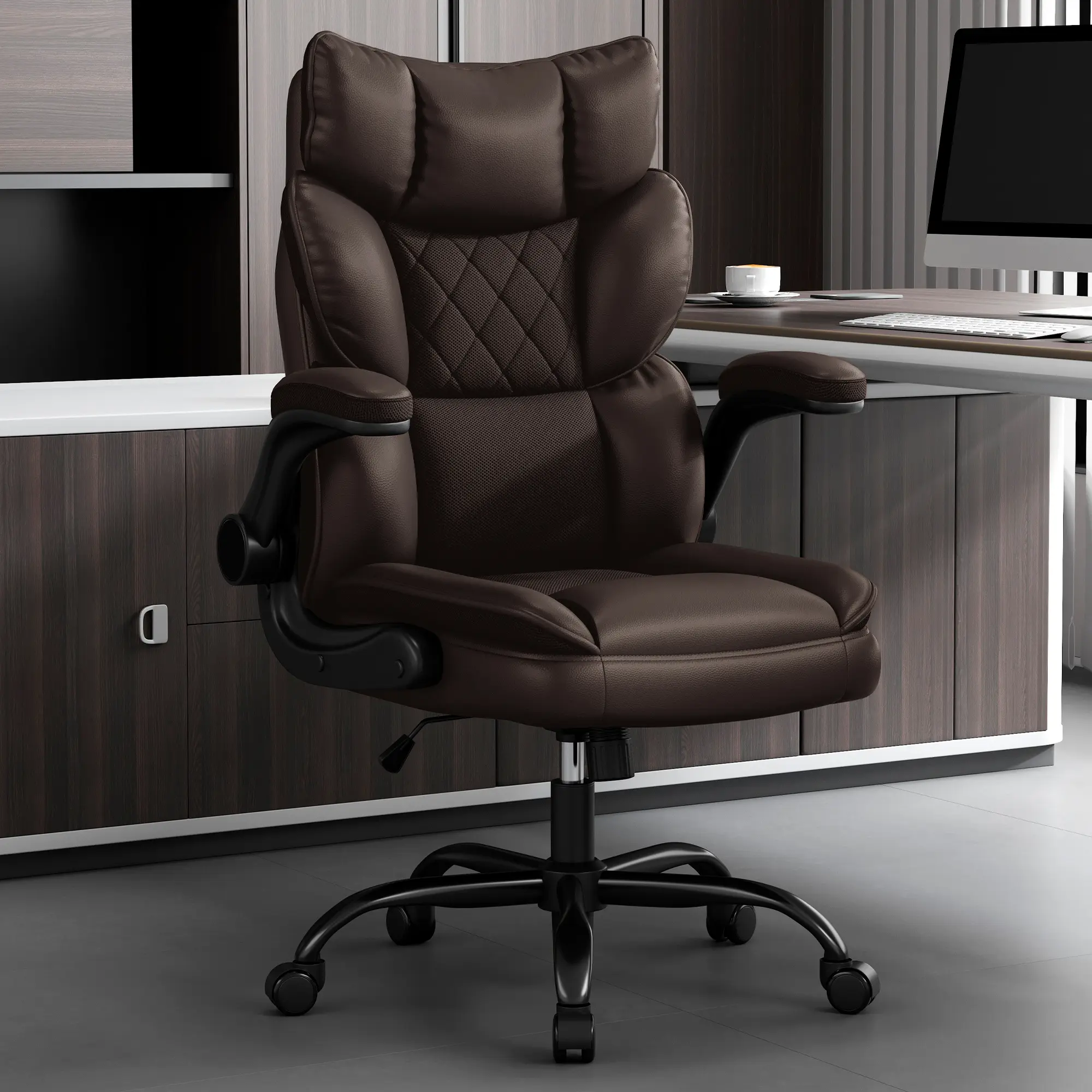 Vonesse Ergonomic PU Leather Executive Chair, Multi-use Gaming & Office Desk Chair, Flip-Up Armrests, Double Padded Backrest & Ventilated Seat Cushion V0568A