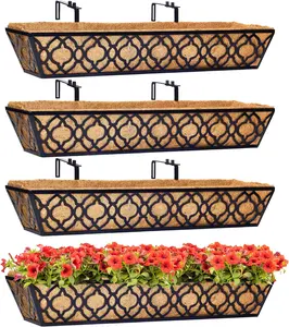 Y&M 4pcs 30" Window Boxes Horse Trough with Coconut Coir Liner,30 Inch Window Deck with Coco Liner, Black Metal Hanging Flower Planter Window Basket Deck Railing Planter Boxes for Outdoor Indoor