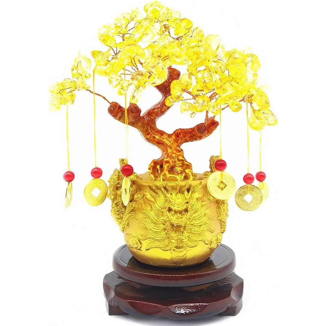 Citrine Money Tree Crystal Bonsai Fengshui Ornament Set - 1pc Asian-Influence Citrine Money Tree with 360-Degree Rotation Turntable Base, Dragon Pot, Includes Coins for All-Seasons Indoor Home Decor Wealth Luck