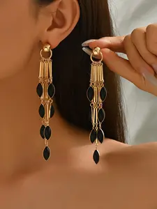 Elegant Boho Acrylic Earrings, Geometric Oval Design, Long Fringe Tassel, Fashionable Metal Inlay, Perfect for Daily Wear and Gifts, Boho Style Jewelry