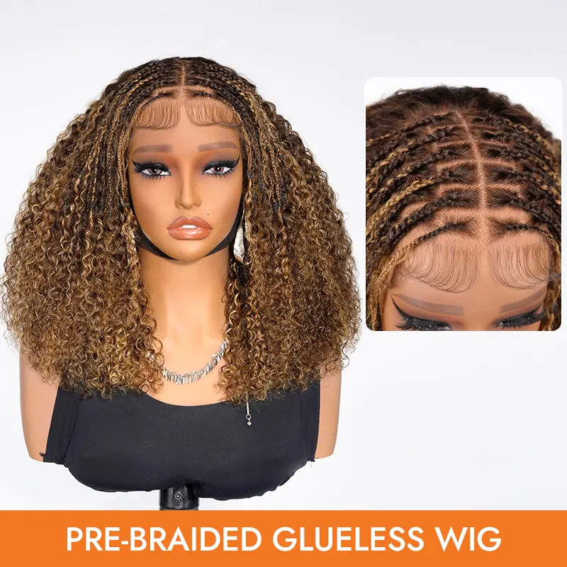 Wiggins Hair 13x6 Pre Braided Lace Front Wig Honey Blonde Highlight Short Curly Bouncy Curls Glueless Pre Styled Pre Cut Lace Human Hair Wig Beginners Glueless Wig