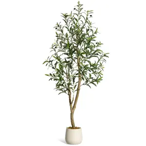 Realistic UV-Resistant Plastic Artificial Olive Tree with Olives, Moss Decor, White Pot - Tall Evergreen Faux Fruit Plant for Interior, Indoor/Outdoor Decorative Home & Garden Use