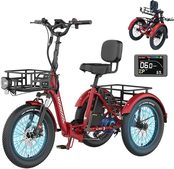 MOONCOOL TK Pro Electric Tricycle for Adults, 750W 48V 20" Folding Electric Trike , 3 Wheels Electric Bicycle Peak Power 1500W, Aluminum Frame Electric Tricycle with Large Basket and Removable Battery