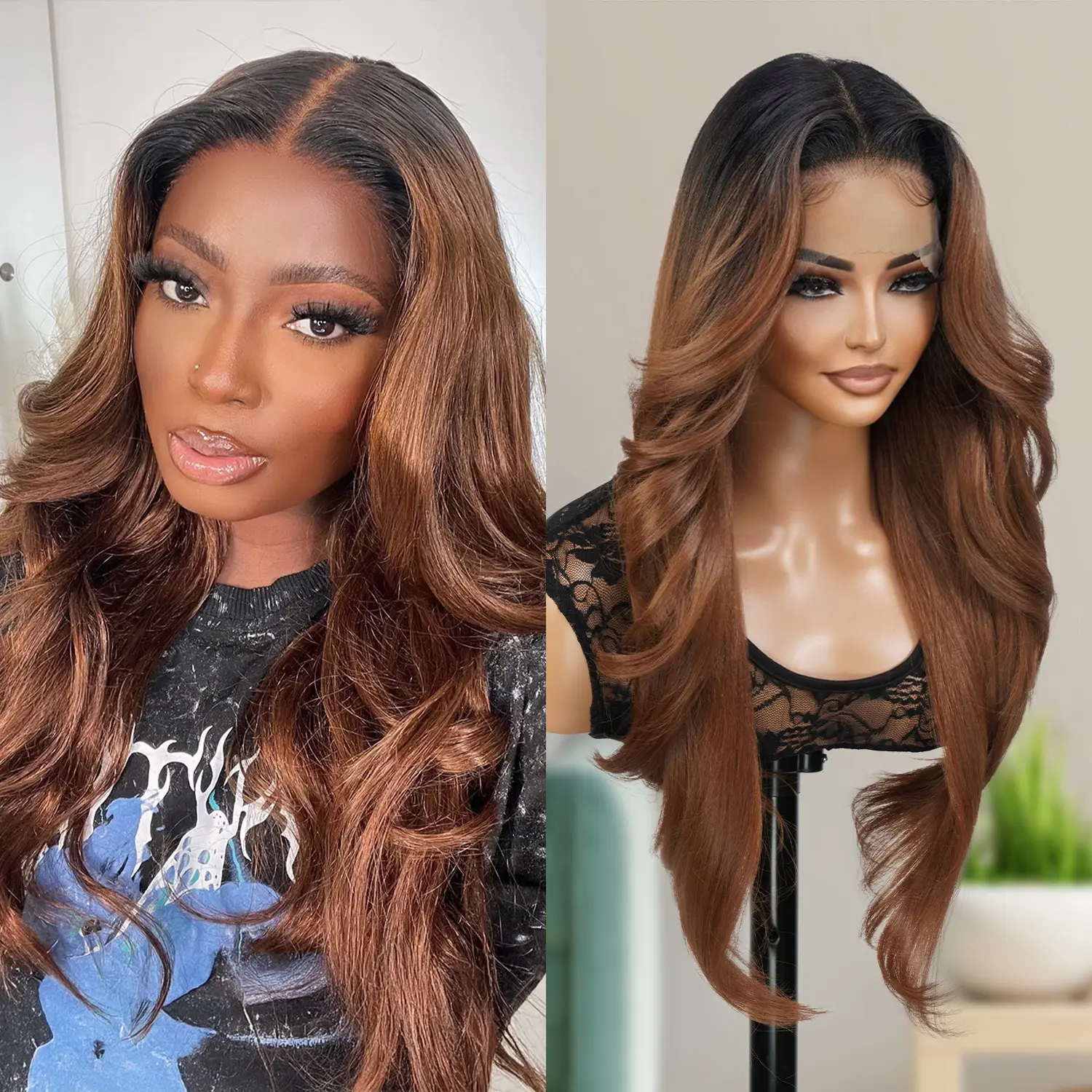 GLAM21USA The Stylist 28" Straight Human Hair Blend Lace Front Wig, Pre-Plucked Curtain Bangs, 13x6 HD Invisible Lace Frontal, Natural Textured, Synthetic Hair Tastee, Human Hair Wig, 28 In