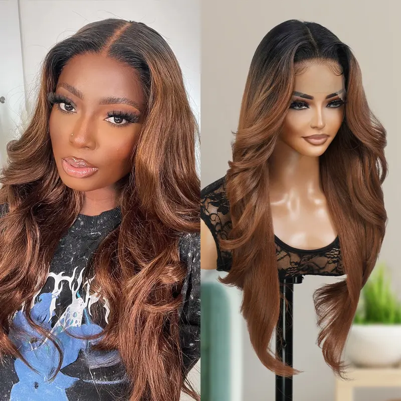 GLAM21USA The Stylist 28" Straight Human Hair Blend Lace Front Wig, Pre-Plucked Curtain Bangs, 13x6 HD Invisible Lace Frontal, Natural Textured, Synthetic Hair Tastee, Human Hair Wig, 28 In