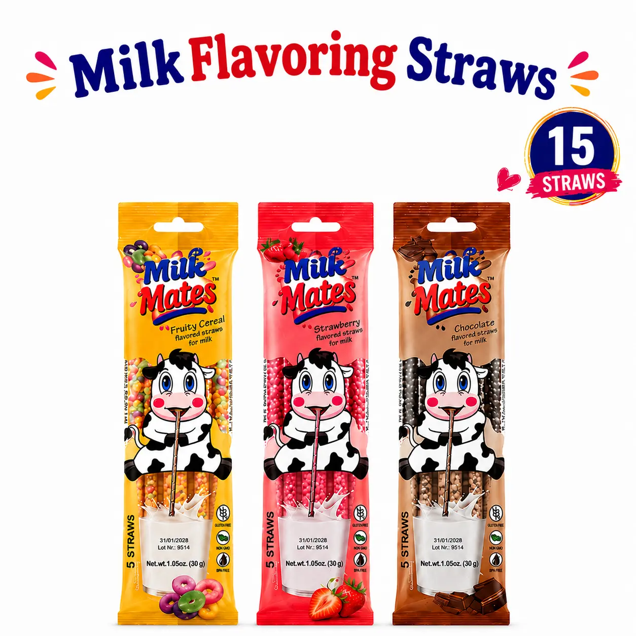 Dairy-Free Syrups-Infused Scented Milk Enhancer Straws - Mild Light-Flavored, Sugar-Sweetened for 7oz Milk Glass, 5 Flavors (Chocolate, Strawberry, Cookies & Cream, Bubblegum, Fruity Cereals) - Kids' Drink Accessory, Multiple Pack Sizes, Cupboard-Storable