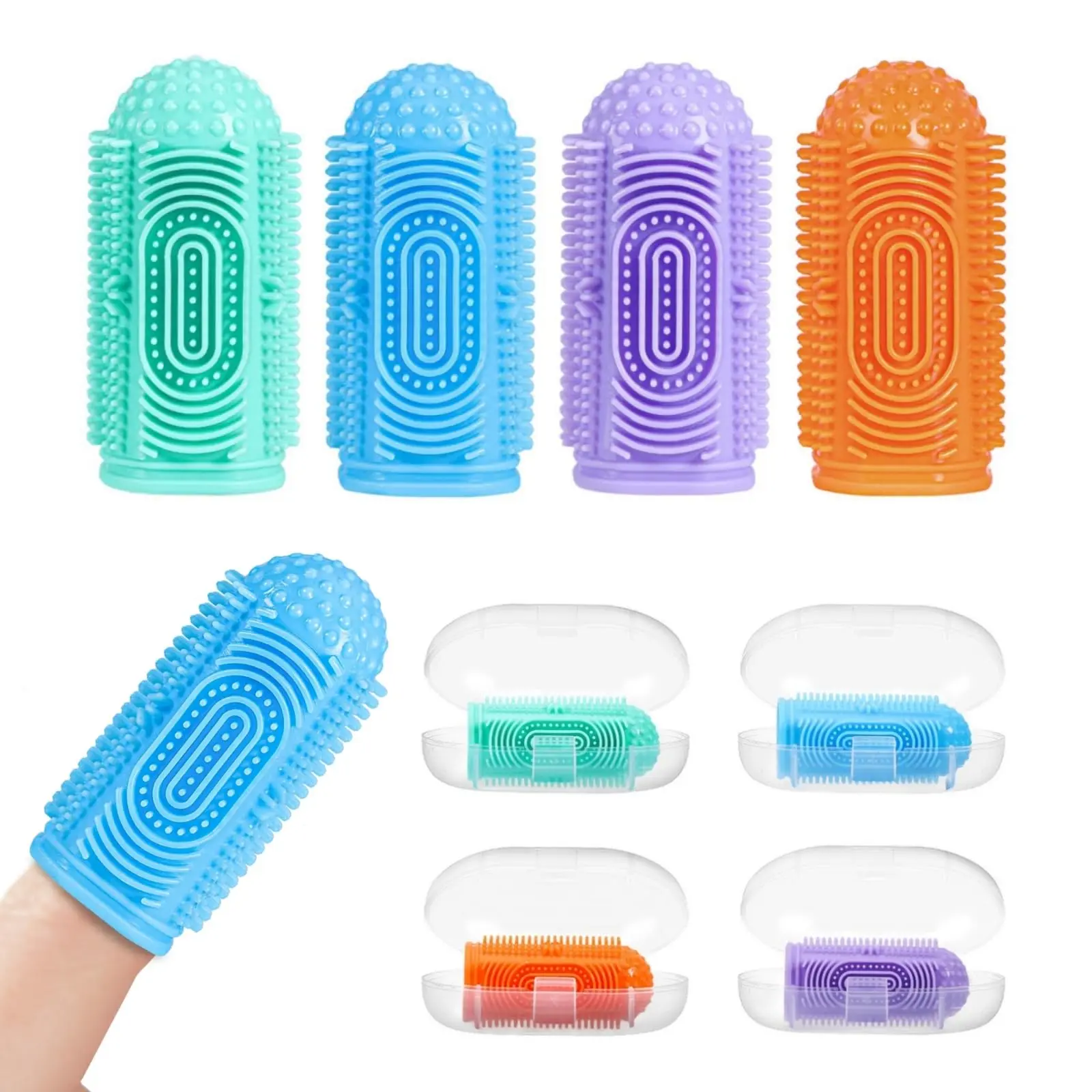 Unisex Basic Baby Finger Toothbrush Set (4 Pcs with 4 Portable Non-Slip Travel Storage Cases) - Food Grade Silicone, Soft Bristles, Large Dots, Parents-Friendly, Easy-to-Clean, Built-In Tongue Scraper Oral Hygiene Gum Massage Tool for 0-3 Years Infants