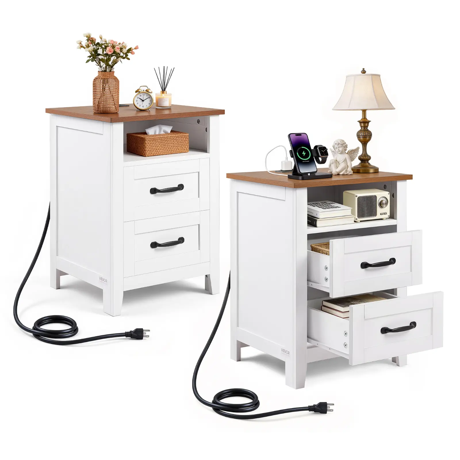 VEVOR Farmhouse Nightstands (Set of 2), White Rustic Bedside Tables with Charging Station, 2 Drawers, Open Shelf, USB Port, for Bedroom, Living Room, Father's Day Gift, Storage Solution, Nightstand, 2 Ac Outlets#BacktoSchool, Beside Table Nightstand, Part