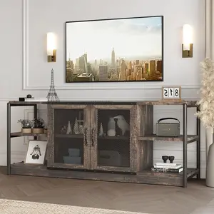 【GARVEE】Farmhouse TV Stand for Living Room with Storage, Mesh Door, Rustic Oak Finish, Fits 65-70 inch TVs, Industrial Style, Media Console, Entertainment Center
