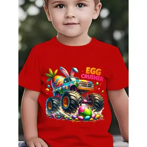 Boys' Easter Egg Crusher Truck Bunny Ears & Carrot Print Short Sleeve T-Shirt - Easter Egg Hunt Outfit, Summer Playwear, Round Neck Casual Top for NY-DX5411