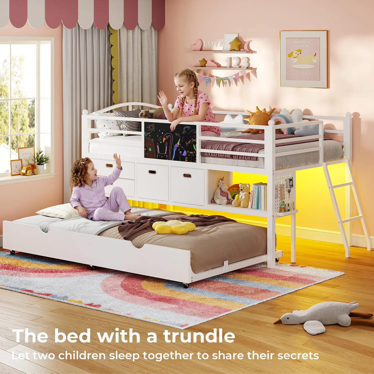 ADORNEVE Low Loft Bed Twin Size with Trundle & LED Lights, Kids Loft Bed with 4 Storage Drawers & Open Cubbies & DIY Pegboard, Twin Loft Bed with Safety Guardrail,Under-Bed Play Zone